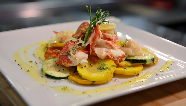 Preparing an hors d'oeuvre plate of snow crab and pattypan squash