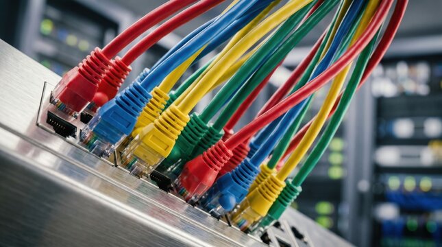 Colorful Ethernet network cables plugged into switch in a data center server rack providing high speed internet connectivity and data transmission for business infrastructure