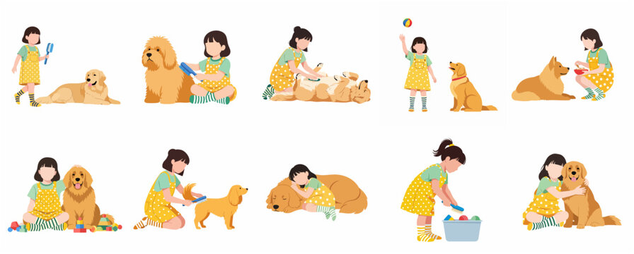 Set of flat vector illustrations of a young girl taking care of her pet dog, featuring activities like grooming, feeding, playing, and hugging