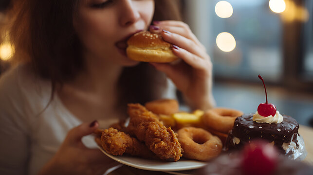 Young woman indulge on a plate full of delicious fried foods, sweet donuts, and rich chocolate cake, enjoy comfort treats