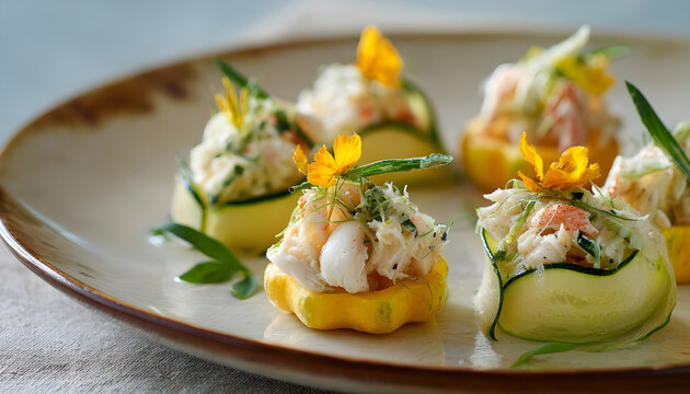Preparing an hors d'oeuvre plate of snow crab and pattypan squash