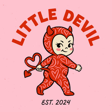 Vintage-inspired illustration of a cute little devil character wearing a red suit with heart patterns and holding a heart-tipped tail, set against a pink background with retro typography.