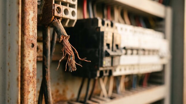 Damaged electrical wire in a rusty panel shows exposed copper strands and signs of neglect in an old industrial circuit breaker box requiring urgent maintenance and repair