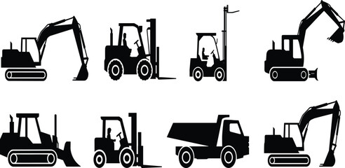 Construction, vehicles, silhouette, vector, set, collection, machinery, excavator, forklift, truck, bulldozer, industrial, equipment, black, isolated, white, background, design, illustration, element © RABBI