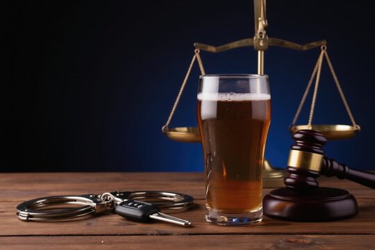 Handcuffs car keys beer glass and scales of justice on wood table. Judge gavel rests nearby signifying consequences for drunk driving offenses.