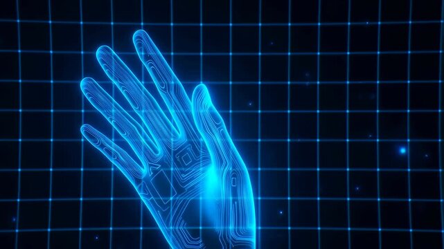 Futuristic holographic hand movement across digital grid with glowing lines