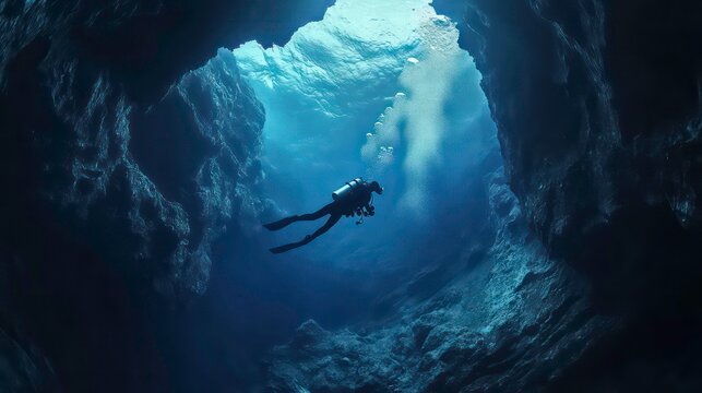 A scuba diver explores a dark underwater cave, light shining through the opening.