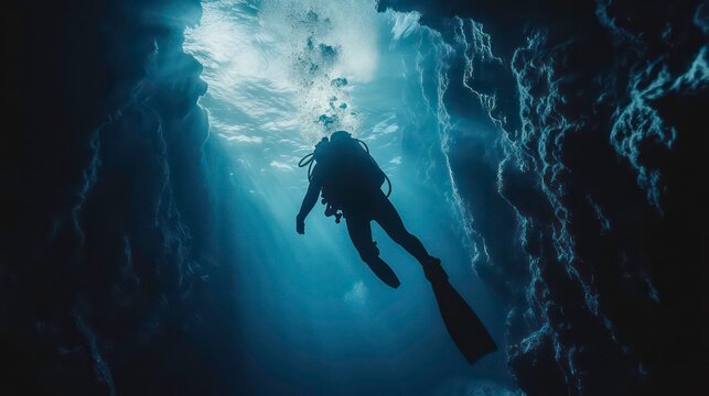 A scuba diver silhouetted against a beam of sunlight entering a dark underwater cave.