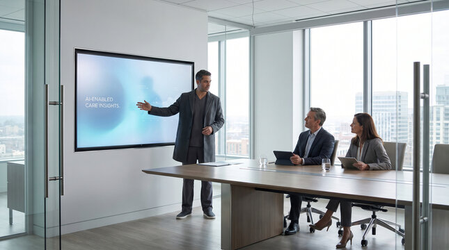 Clinical Leader Presenting AI Care Strategy In Healthcare Boardroom