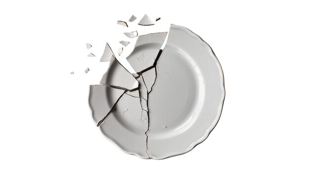 Isolated broken white ceramic plate, fractured pieces scattering, concept of damage and accident