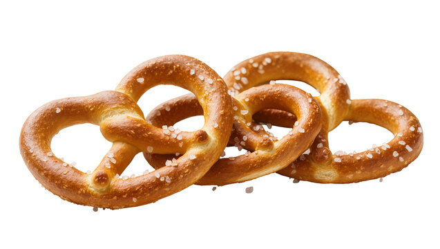 Isolated tasty trio of freshly baked golden brown German pretzels with salt crystals.