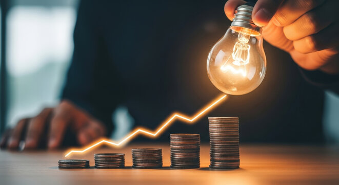Rising Market Graph Idea Innovation Business Growth Finance Investment With Lightbulb and Coins Showing Investment Growth and Financial Concept