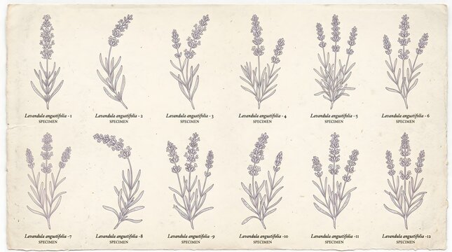 Vintage botanical sketch of Lavandula angustifolia lavender varieties, hand drawn herbal illustration set with scientific names for aromatherapy and organic cosmetics packaging.