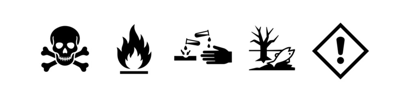 Set of GHS hazard symbols including toxic, flammable, corrosive, environmental, and irritant icons. Black and white industrial safety warning signs for chemical handling and labeling.