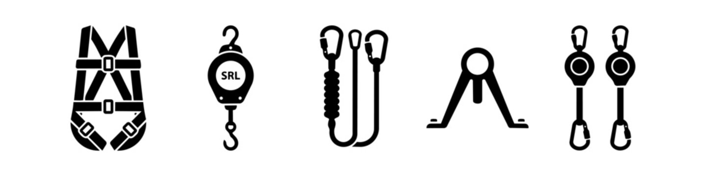 Set of black icons representing fall protection equipment, including a safety harness, self-retracting lifeline, lanyard, and roof anchor for construction and industrial safety.
