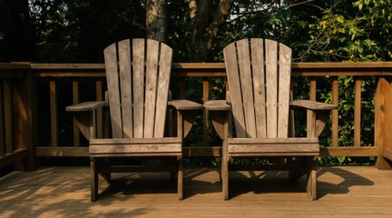 Obraz premium Two weathered wooden Adirondack chairs sit on a sun-drenched deck surrounded by lush green foliage. The empty seats invite relaxation and contemplation in an outdoor setting.
