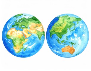 Fototapeta premium Watercolor globes show continents Africa, Europe, Asia, Australia, oceans