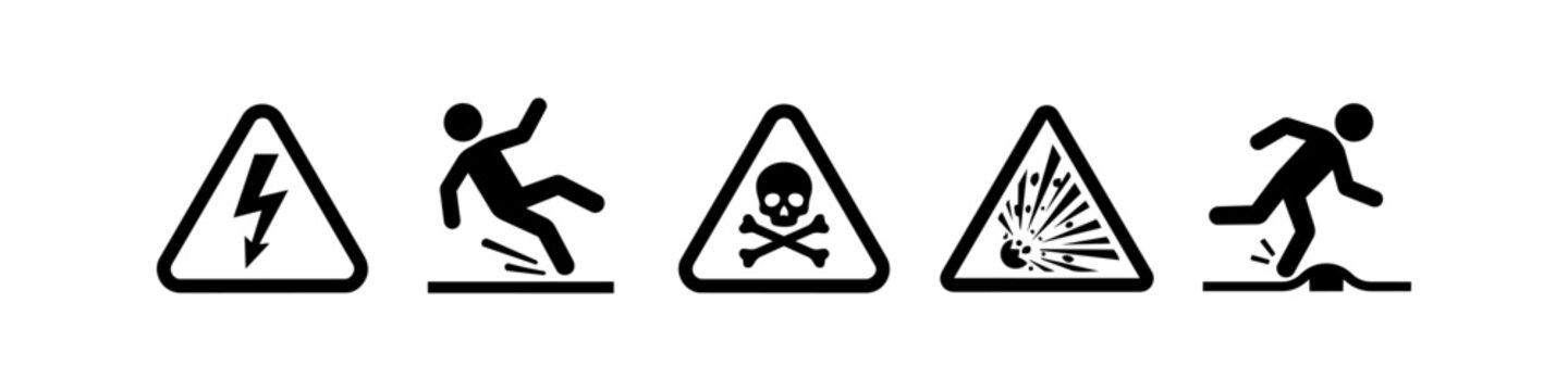 Set of black safety warning icons on white background, including electrical shock, slippery floor, toxic hazard, explosive material, and tripping risk symbols for workplace safety.