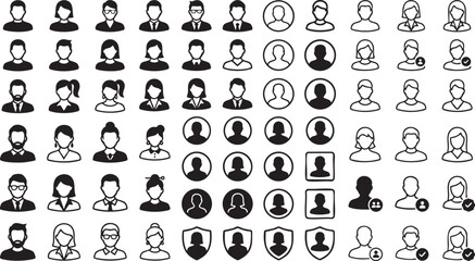 Obraz premium Minimalist silhouette human profile avatar solid icon set, flat vector illustration bundle of generic user placeholder signs for UI/UX interface design.