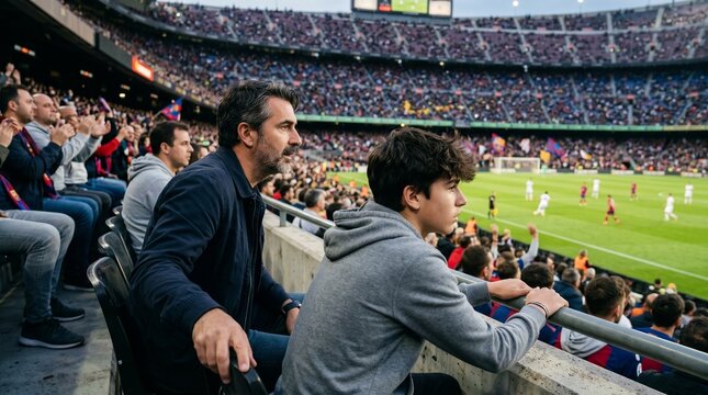 Father and son watching a football match in a crowded stadium enjoying the game together