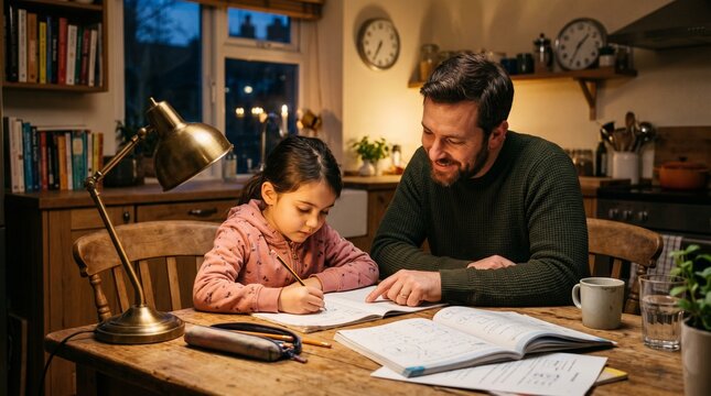 Father helps his daughter with homework at a wooden table in a cozy kitchen illuminated by a desk lamp