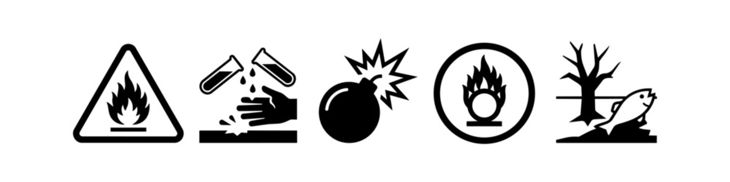 Set of five GHS hazard pictograms in a black and white minimalist style, featuring flammable, corrosive, explosive, oxidizer, and environmental hazard warning symbols for chemical safety.