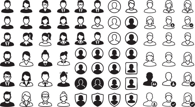 Minimalist silhouette human profile avatar solid icon set, flat vector illustration bundle of generic user placeholder signs for UI/UX interface design.