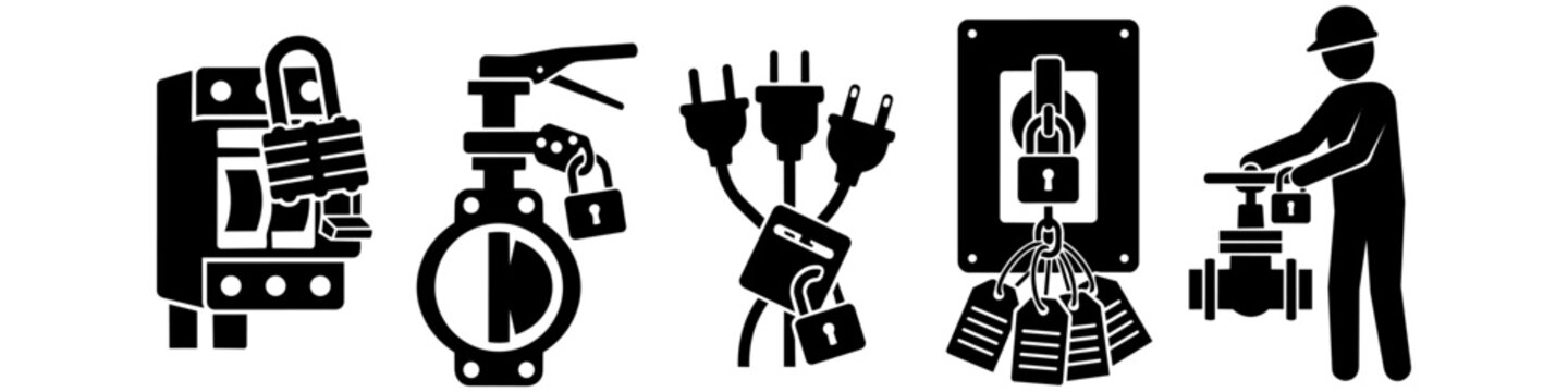 Industrial lockout tagout LOTO safety icons set featuring locked circuit breakers, valves, electrical plugs, and a worker applying a lock. Essential for workplace hazard prevention training.