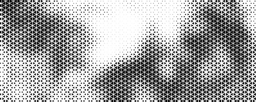 Abstract geometric halftone triangle pattern with soft beige and grey gradient wave effect for elegant background design.