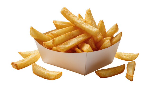 Isolated pile of crispy golden french fries in a container with scattered chips around it.
