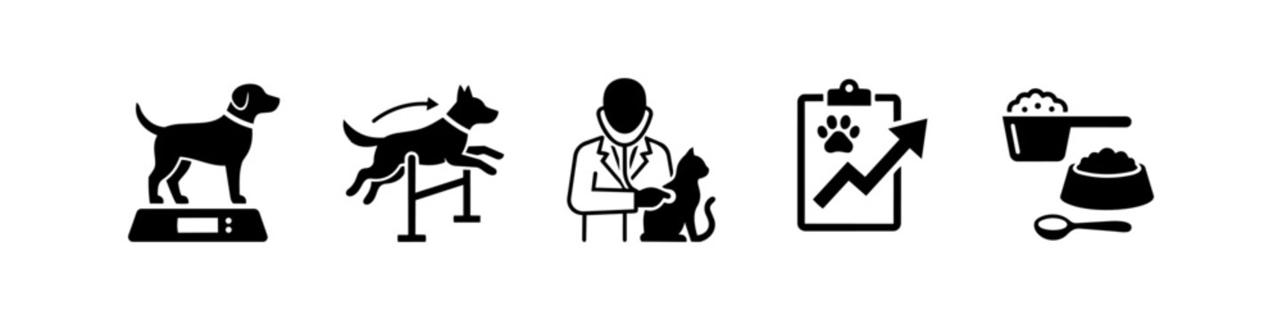 Comprehensive set of minimalist veterinary and pet care icons featuring weight tracking, agility, medical examination, health progress chart, and nutrition. Ideal for animal health services.