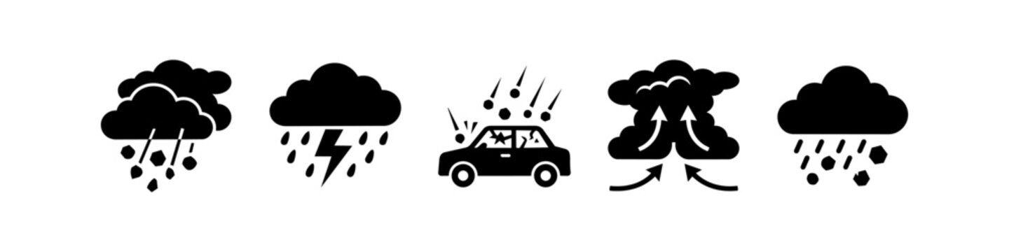 Set of severe weather icons including hail storm, lightning, rain, and car damage silhouettes. Ideal for meteorology, insurance, and emergency preparedness concepts in a flat minimalist style.