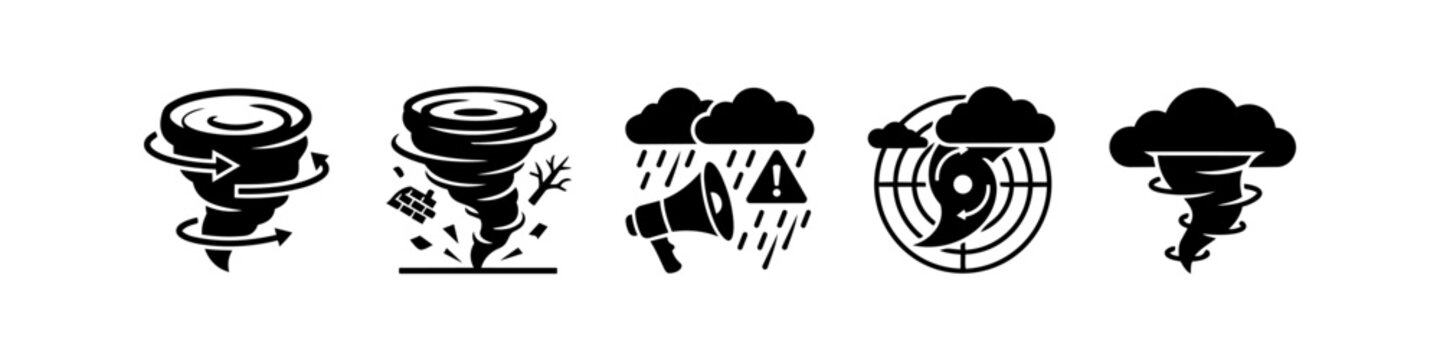 Severe weather icon set featuring tornadoes, hurricanes, storm alerts, and natural disaster symbols in a clean black and white style. Ideal for meteorological and emergency safety designs.