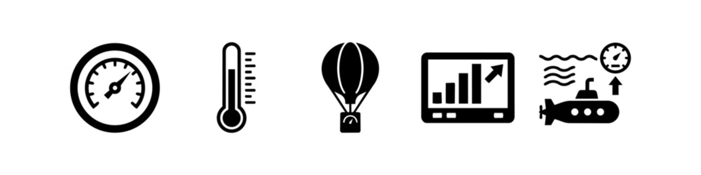 Minimalist set of black icons for measurement and monitoring including a pressure gauge, thermometer, hot air balloon, growth chart, and submarine depth meter on white.
