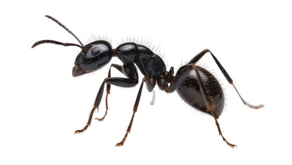 Isolated black ant in profile, large, shiny insect with segmented body and long antennae. © Francisco