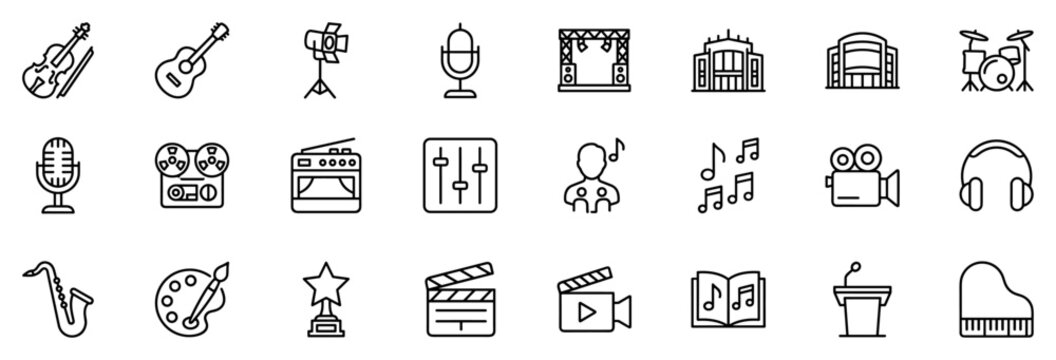 Set of line icons related to music, recording, performance, and multimedia including instruments, microphones, studio equipment, stage, and media symbols on transparent background