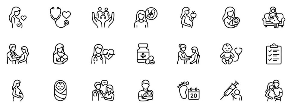 Set of pregnancy and maternal health line icons including prenatal care, baby care, medical consultation, vaccination and family support on transparent background