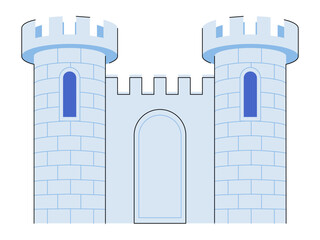 Blue medieval castle with two towers and arched gate vector illustration. Security, history, fantasy gaming, protection, strength, architecture. Ancient stone fortress with battlements and turrets © Dmytro