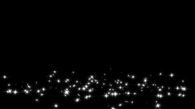 Luxury white glitter sparkles blast trail animation, abstract magic dust and pixie dust path with twinkling stars, glowing particle effects, seamless festive overlay on black screen background, 4K