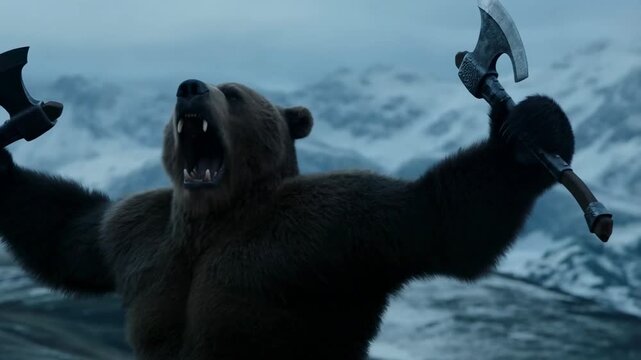 Powerful bear wielding axe in snowy mountain landscape