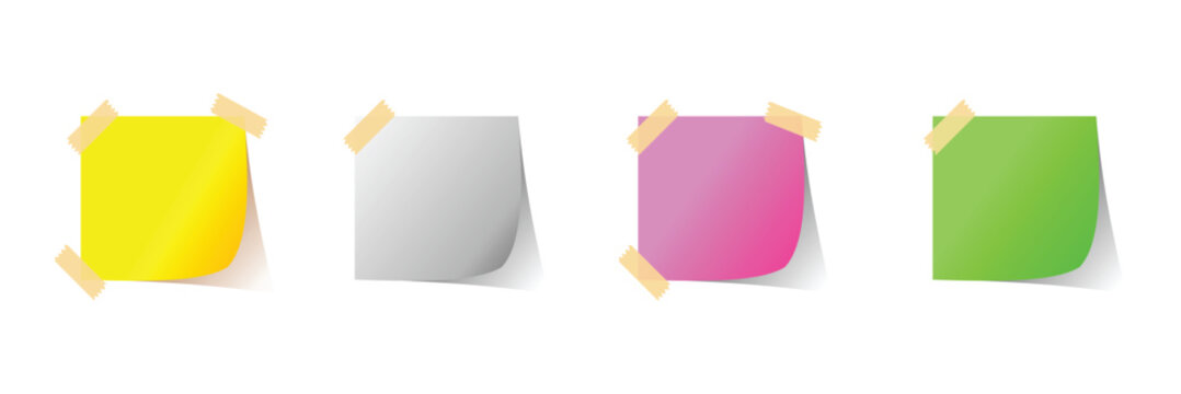 Playful arrangement of colorful sticky notes with curled corners. Stylized isometric sticky note with subtle shadow. Sticky note or post-it note icon set for reminders and office communication. 