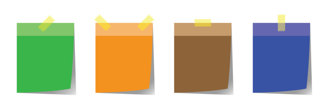 Playful arrangement of colorful sticky notes with curled corners. Stylized isometric sticky note with subtle shadow. Sticky note or post-it note icon set for reminders and office communication. 