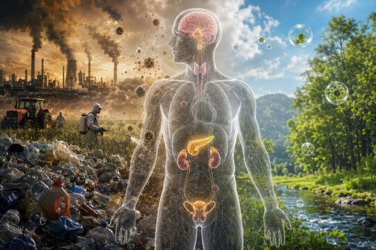 Medical illustration of human anatomy affected by environmental pollution and clean nature, showing internal organs, industrial smog, plastic waste, and a pristine forest landscape