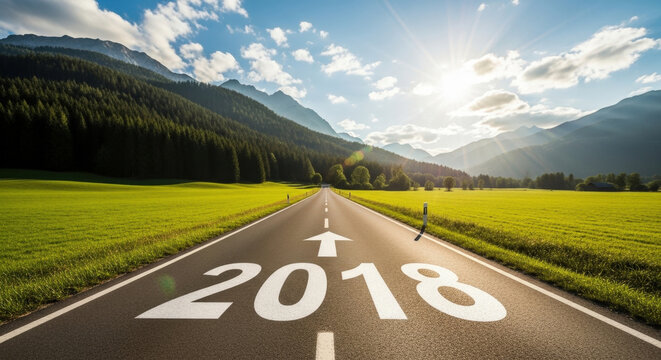 Road to Future Asphalt Highway Path Forward Landscape View Perspective Directional Arrow Signage Year 2018 Mountains Green Grass Fields Sunlight