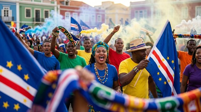 Cape Verde Football Fans Celebrating a Historic World Cup Victory with Trophy, Flags, Scarves, and an Atmosphere of Joy and National Pride.
