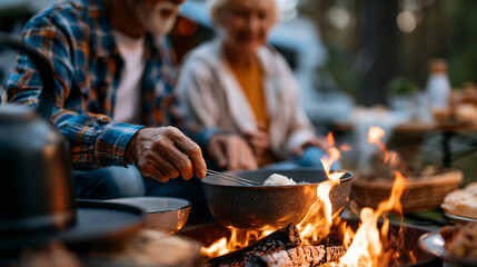 Fototapeta premium Faceless senior couple preparing outdoor dinner on campfire during countryside rv camping adventure, meal preparation, outdoor cooking, camping cuisine, with copy space