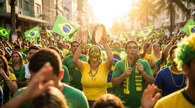 Adeptos Brasileiros Celebrando uma Hist&oacute;rica Vit&oacute;ria no Mundial de Futebol com Trof&eacute;u, Bandeiras, Cachec&oacute;is e uma Atmosfera de Pura Alegria.