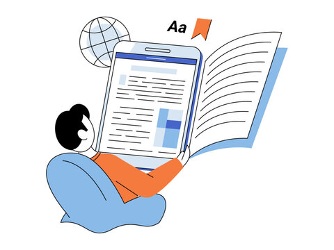 Man reads ebook on tablet screen vector illustration. Online education, digital library, remote learning, global knowledge, mobile technology, literature study. Person using electronic reader