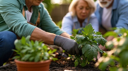 Fototapeta premium Faceless senior couple gardening together in backyard during retirement lifestyle, outdoor hobby, plant care, domestic gardening, with copy space