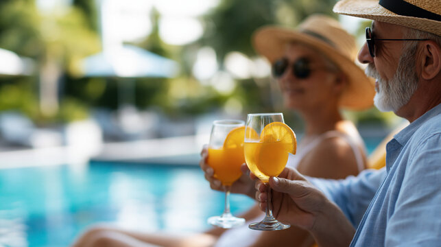 Faceless senior retired couple wearing swimming costumes making toast with non-alcoholic drinks relaxing by hotel pool on lounger on summer holiday, healthy choice, poolside